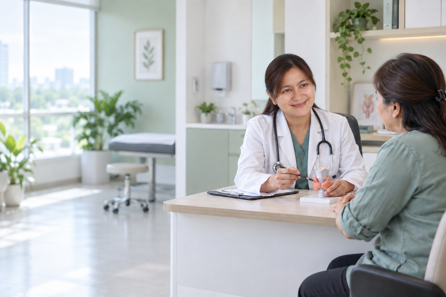 Illustration of a female doctor discussing thyroid care with a patient